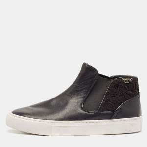 Tory Burch Black Fabric and Leather Rosette High Top Sneakers Size 36.5