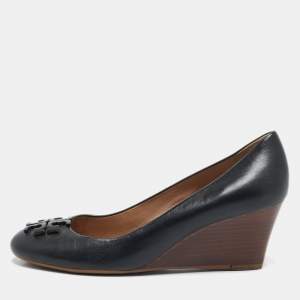 Tory Burch Black Leather Lowell Wedge Pumps Size 39.5