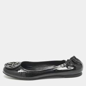 Tory Burch Black Patent Leather Minnie Travel Ballet Flats Size 38.5