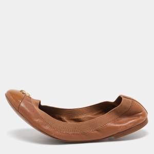 Tory Burch Brown Patent and Leather Jolie Scrunch Ballet Flats Size 38