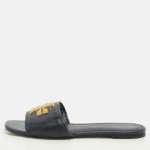 Tory Burch Navy Blue Leather Eleanor Flat Slides Size 38