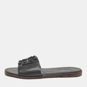 Tory Burch Black Leather Double T Slide Flat Sandals Size 35