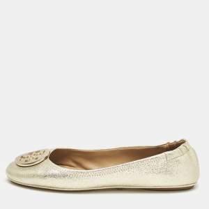 Tory Burch Gold Metallic Leather Reva Scrunch Ballet Flats Size 39.5