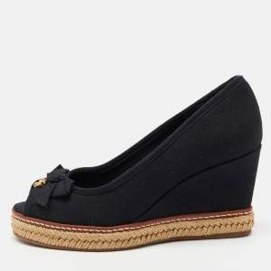 Tory Burch Black Canvas Jackie Wedge Platform Espadrille Peep Toe Pumps Size 36