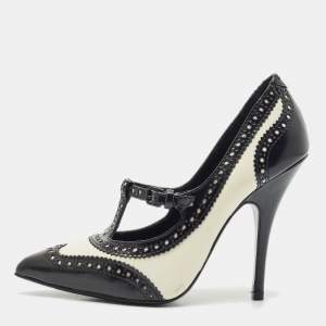 Tory Burch Black/White Brogue Leather Everly Pointed Toe Pumps Size 39