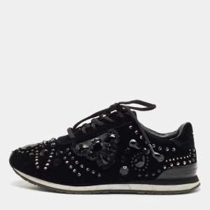 Tory Burch Black Velvet Scarlett Crystal Embellished Sneakers Size 37.5