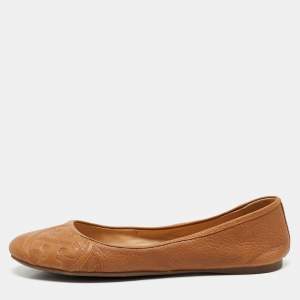 Tory Burch Tan Leather Logo Embossed Ballet Flats Size 38.5