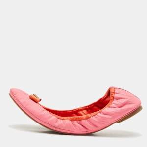Tory Burch Pink/Orange Leather Bow Scrunch Ballet Flats Size 38.5
