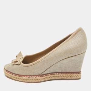 Tory Burch Grey Canvas Jackie Bow Peep Toe Wedge Espadrille Pumps Size 40