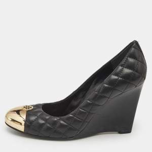 Tory Burch Black Quilted Leather Kaitlin Cap Toe Wedge Pumps Size 39