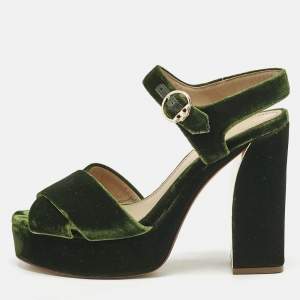 Tory Burch Green Velvet Platform Ankle Strap Sandals Size 38