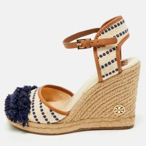 Tory Burch Multicolor Canvas And Leather Trim Wedge Espadrille Sandals Size 38