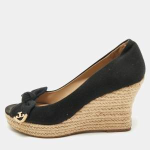 Tory Burch Black Fabric Bow Peep-Toe Espadrille Wedge Pumps Size Size 37.5