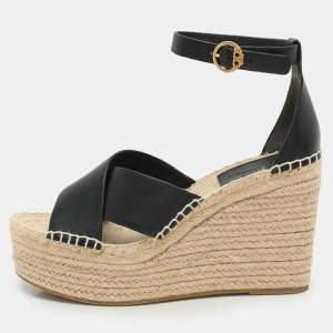 Tory Burch Black Leather Cross Strap Wedge Espadrille Sandals Size 38