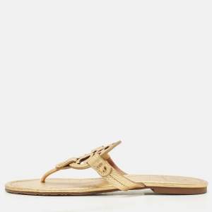 Tory Burch Metallic Gold Leather Miller Flat Thong Sandals Size 37