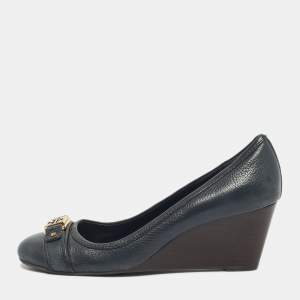 Pre Owned Tory Burch Navy Blue Leather Lowell Wedge Pumps Size 39.5