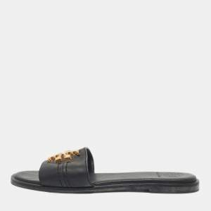 Pre Owned Tory Burch Black Leather Everly Flat Slides Size 36