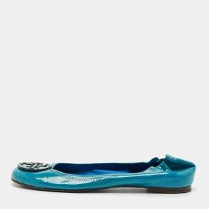Pre Owned Tory Burch Blue Patent Leather Minnie Travel Ballet Flats Size 38.5