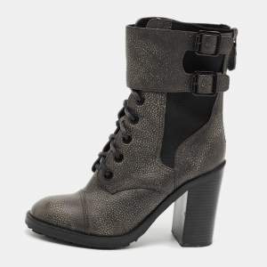 Pre Owned Tory Burch Grey Elastic and Leather Broome Combat Boots Size 37