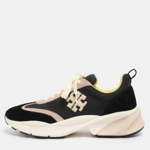 Pre Owned Tory Burch Black/Old Rose Fabric and Suede Good Luck Low Top Sneakers Size 40