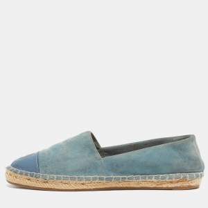 Pre Owned Tory Burch Blue Suede and Leather Logo Cap Toe Espadrille Flats Size 35.5