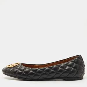 Pre Owned Tory Burch Black Quilted Leather Benton 2 Ballet Flats Size 37.5