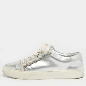 Pre Owned Tory Burch Silver/White Leather Tory Sport Ruffle Low Top Sneakers Size 37