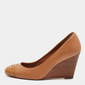 Pre Owned Tory Burch Brown Leather Amanda  Wedge Pumps Size 37.5