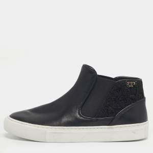 Pre Owned Tory Burch Black Lace and Leather Rosette High Top Nappa Sneakers Size 36