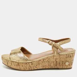 Pre Owned Tory Burch Gold Texture Suede Wedge Sandals Size 37.5