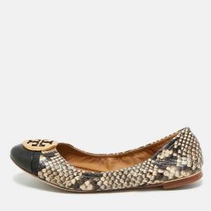 Pre Owned Tory Burch Beige/Brown Python Embossed Minnie Ballet Flats Size 37.5
