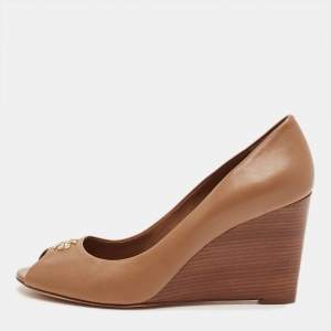 Pre Owned Tory Burch Brown Leather Reva Wedge Peep Toe Pumps Size 39