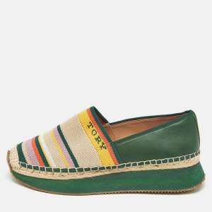 Pre Owned Tory Burch Multicolor Knit Fabric and Leather Espadrille Sneakers Flats Size 37