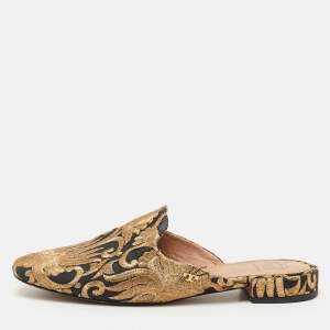 Pre Owned Tory Burch Black/Gold Brocade Fabric Flat Mules Size 37