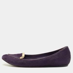 Pre Owned Tory Burch Purple Calf Hair Round Toe Smoking Slippers Size 37