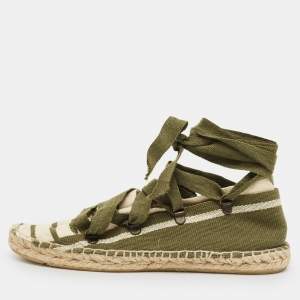 Pre Owned Tory Burch Green/White Stripe Canvas Ankle Wrap Espadrille Flats Size 37