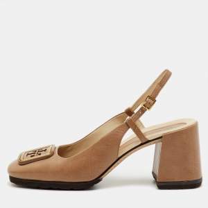 Pre Owned Tory Burch Brown Leather Georgia Slingback Block Heel Pumps Size 37