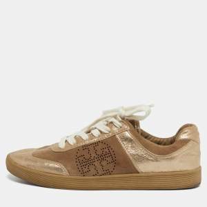 Pre Owned Tory Burch Beige/Gold Suede and Metallic Leather Perforated Logo Sneakers Size 38.5