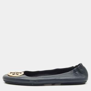 Pre Owned Tory Burch Minnie Size 38.5 Navy Blue Leather Ballet Flats