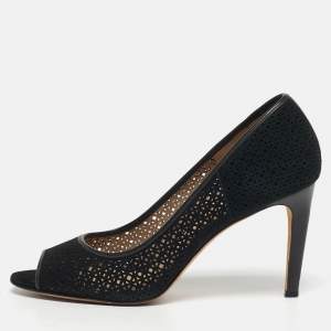 مملوكة مسبقًا Tory Burch Elinor 90 mm Size 40 Black Laser Cut Suede Peep Toe Pumps