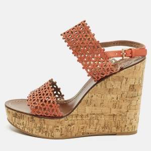 Pre Owned Tory Burch Daisy Size 41 Orange  Perforated Leather Wedge Sandals