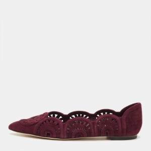 Pre Owned Tory Burch Leyla Size 35 Burgundy Laser Cut Suede Ballet Flats