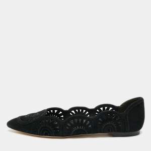 Pre Owned Tory Burch Leyla Size 35 Black Suede Laser Cut Pointed Toe Ballet Flats