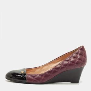 Pre Owned Tory Burch Claremont Size 41 Burgundy/Black Leather and Patent Wedge Pumps