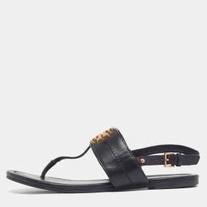 Pre Owned Tory Burch Size 36 Black Leather T Strap Thong Flat Sandals