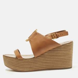 Pre Owned Tory Burch Daisy Size 40.5 Brown Leather Wedge Sandals