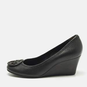 مملوكة مسبقًا Tory Burch  Size 36 Black Leather Sophie Peep Toe Wedge Pumps