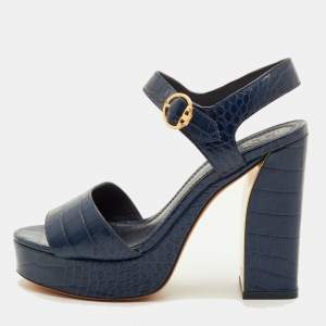 Pre Owned Tory Burch Maritine Size 37 Navy Blue Croc Embossed Leather Platform Ankle Strap Sandals