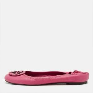 مملوكة مسبقًا Tory Burch Minnie Size 37.5 Fuchsia Leather Scrunch Ballet Flats