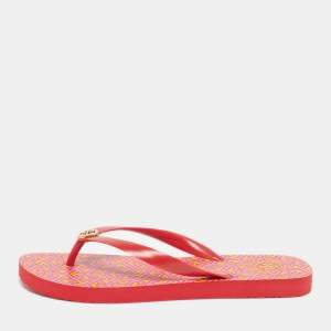 Pre Owned حذاء فلات إصبع توري برش جلد منقوش ثعبان ذهبي مقاس 37